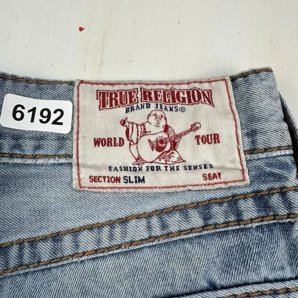 True Religion Slim Fit Jeans Men 29x34 Blue‎ Distressed Flap Pockets Light Wash